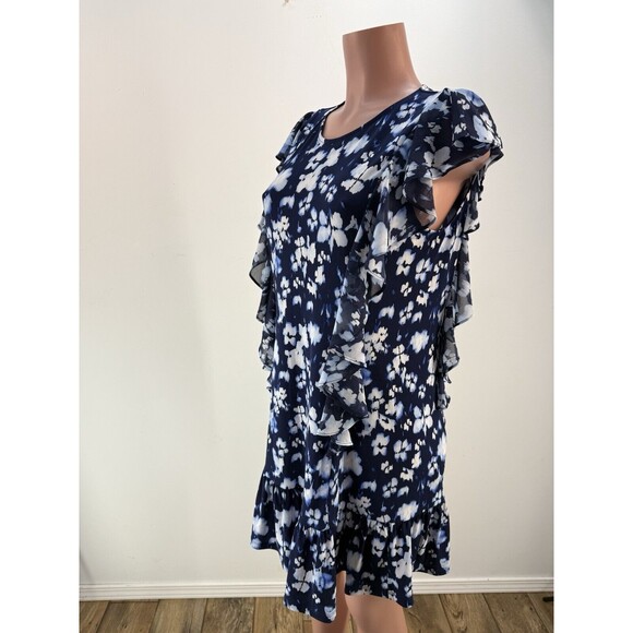 MICHAEL KORS Blue Floral Ruffle Polyester Dress Womens L - Picture 8 of 10
